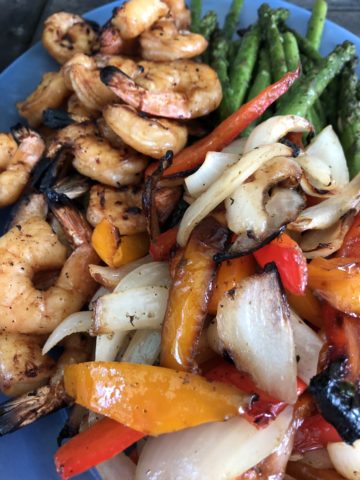 Close up of Grilled Veggies & Shrimp on the BBQ