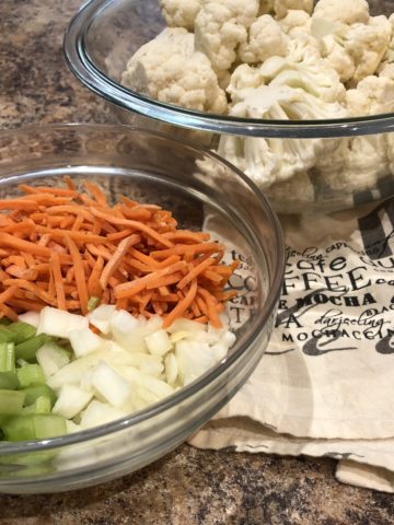 Cauliflower Soup Ingredients; Cauliflower, Carrots,Celery, Onion