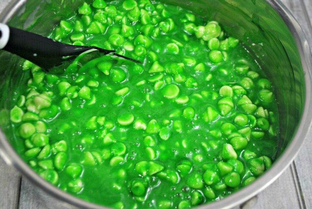 Fudge mixture with green food colouring stirred in.