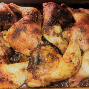 Oven roasted chicken quarters with a savoury rub.