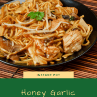 Honey Garlic Chicken LoMein in a bowl on a bamboo mat