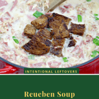 Creamy soup garnished with rye bread croutons and chopped green onions