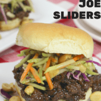 Thai seasoned ground beef on a toasted hamburger bun topped with broccoli slaw, on a white plate with peanuts scattered on it.