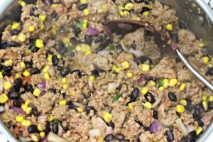 Cooked ground turkey, black beans, corn, red onion