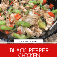 Cubes of chicken, celery, red pepper and onions in cast iron pan