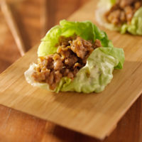 Ground Chicken stir fry with hoisin sauce in a lettuce wrap