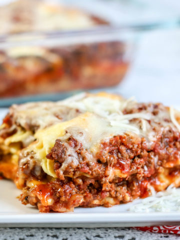 Layers of cheese ravioli, ground beef, marinara sauce and cheese baked in a casserole dish