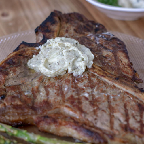 Grilled T Bone Steak with Blue Cheese compound butter.