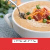 Creamy Potato soup with cheese cooked in the Instant Pot. Loaded with cheese, bacon, and green onions