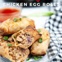 Ground chicken filled egg rolls cooked in the air fryer